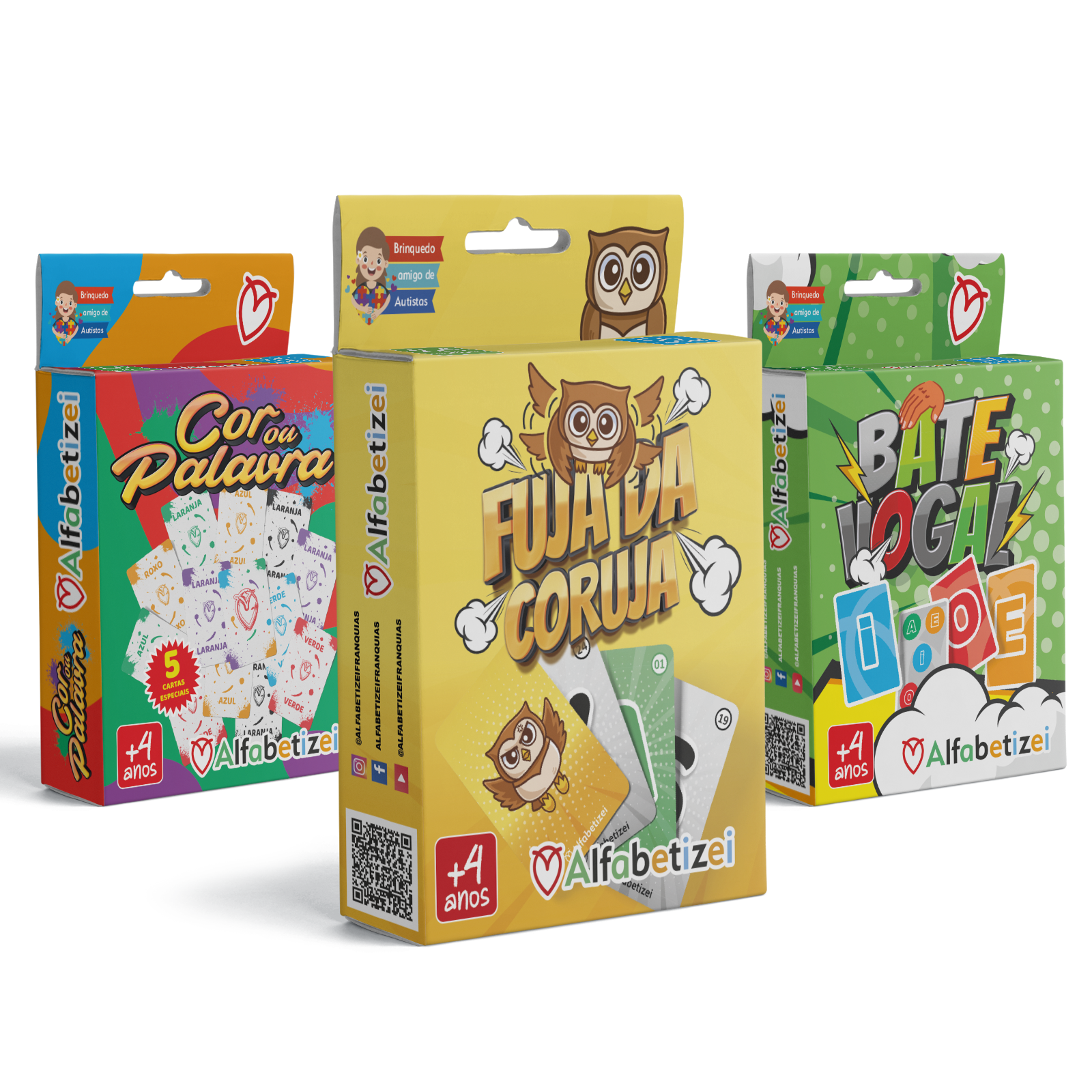 Jogos educativos Alfabetizei: Cor ou Palavra, Fuja da Coruja e Bate Vogal