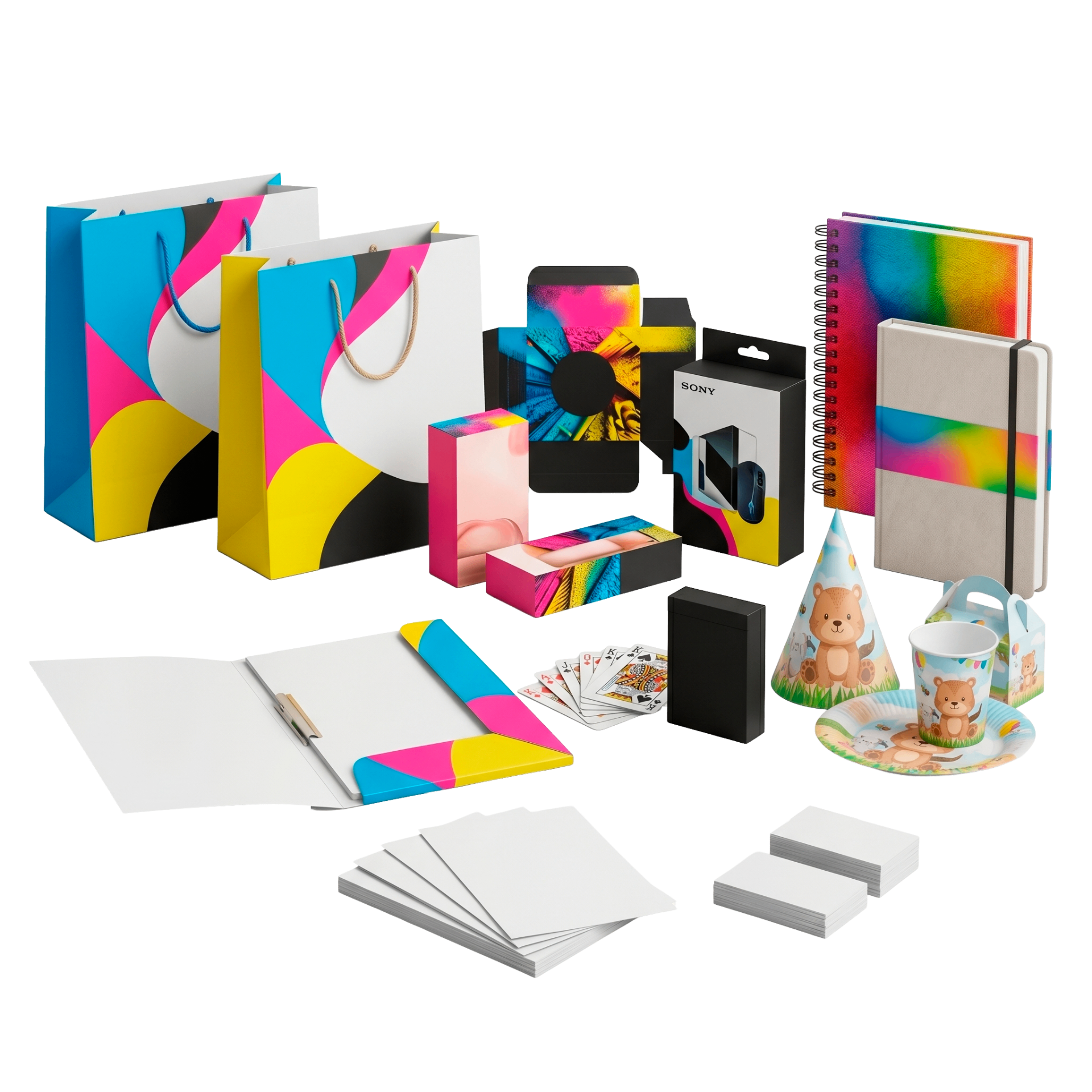 Portfólio de produtos impressos pela Gráfica Blitz: sacolas, embalagens, agendas, cartões, kits de festa e mais